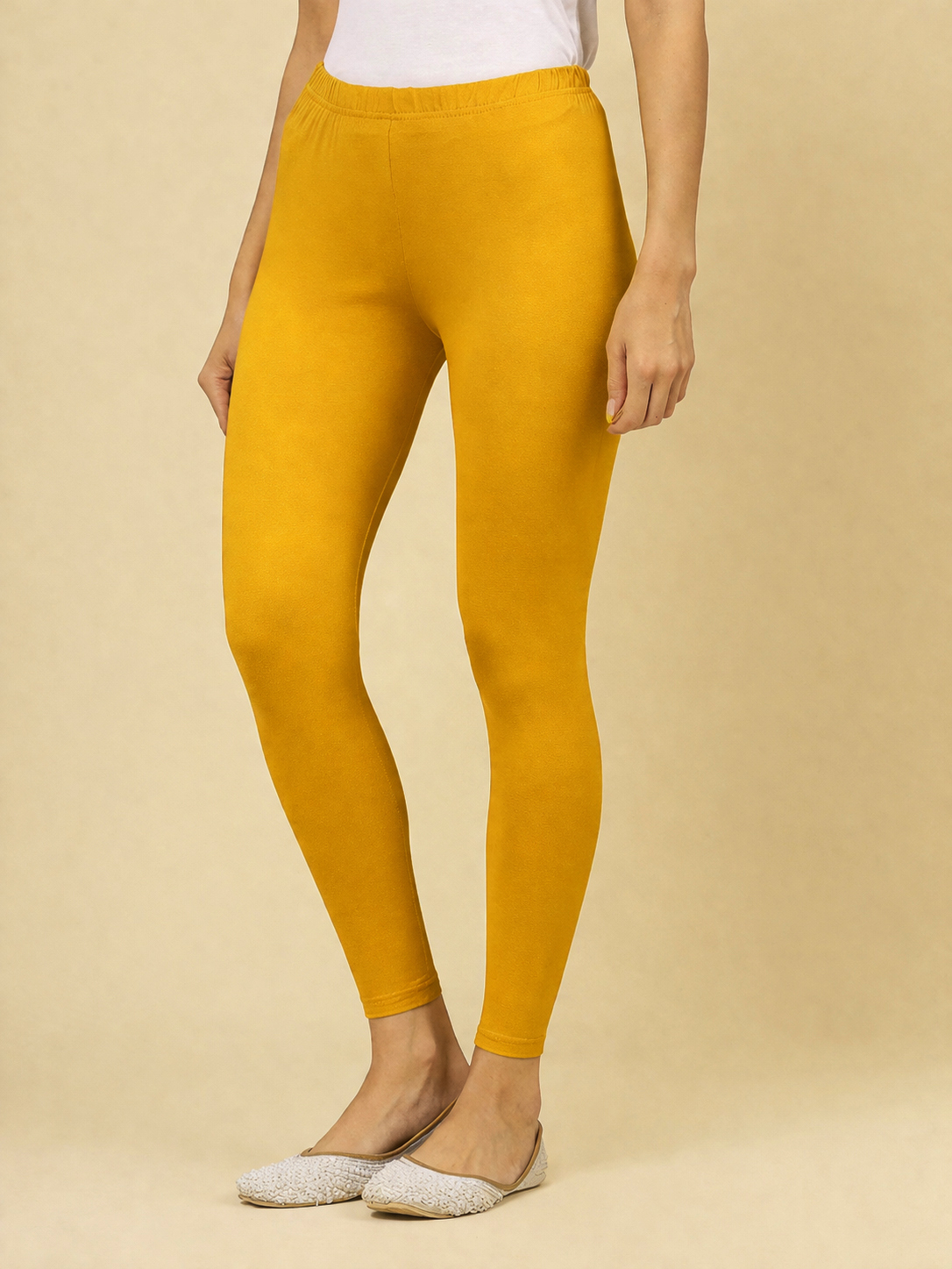 1. Golden Yellow Golden Yellow Color Premium Ankle Length Leggings - Image 1